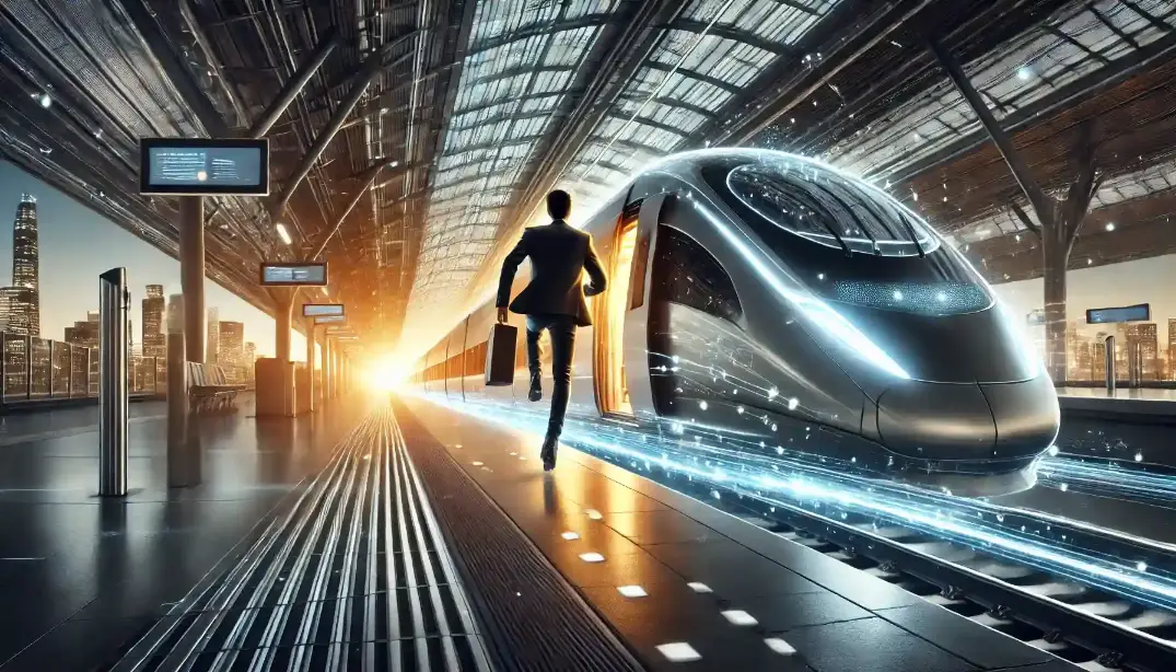 Persona che prende un treno futuristico ad alta velocità